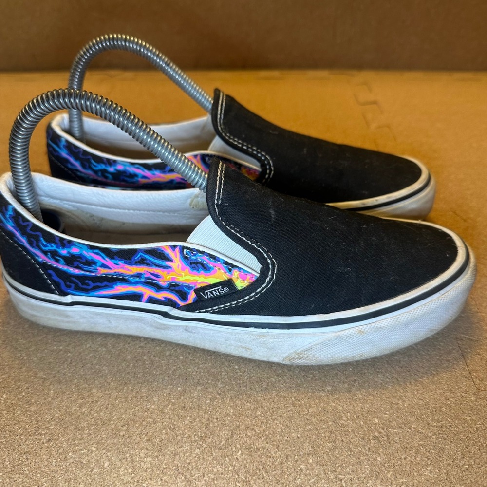 Vans Classic Slip-On Neon Lightning Bolt Black Canvas Sneakers Womens 8 Mens 6.5